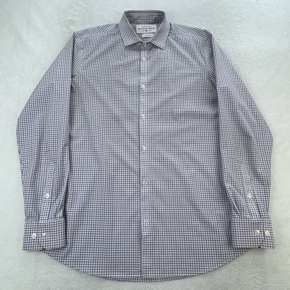 Mizzen + Main Leaward Shirt Men L White Blue Gingham Trim Button L/S Performance